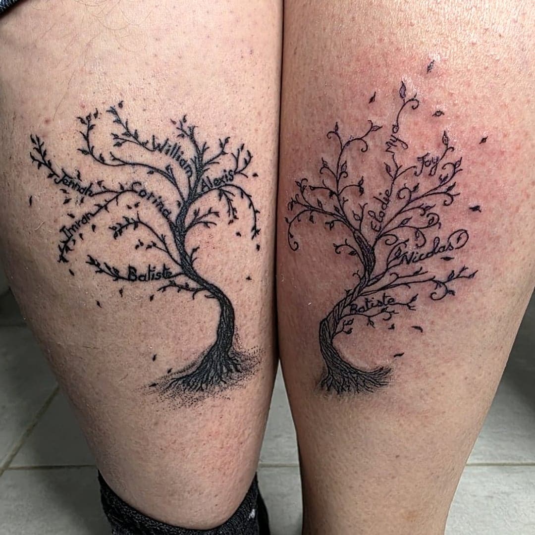 Duo tatouages arbres généalogiques avec prénoms